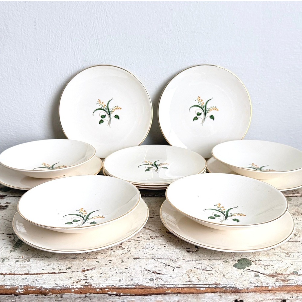 Vintage Lily of the Valley Ironstone Dish Set Gold Trim Bowls Saucers 13pc CSGE